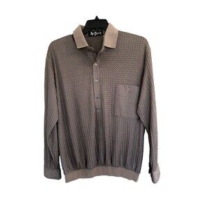 Vintage Alan Stuart XL Textured Knit Polo Shirt Made in USA‎ Banded Hem Brown